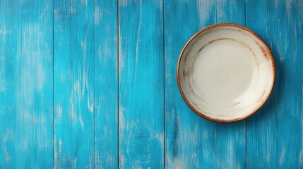 Poster - Empty plate set against a blue wooden backdrop