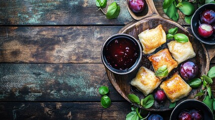 Aufkleber - Plum dumplings served with plums and plum sauce on a rustic wooden surface