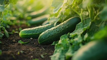 Poster - Fresh vibrant young cucumbers resting on the ground amid lush green leaves Celebrating the harvest of cucumber plants