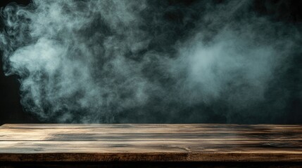 Poster - Empty wooden table with smoke rising against a dark backdrop providing open space for showcasing products