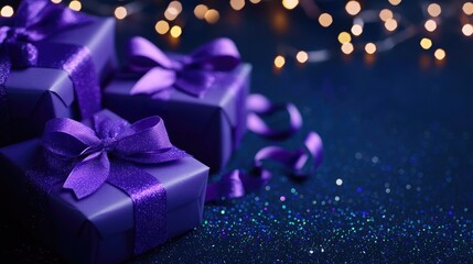 Poster - Elegant purple gift boxes adorned with violet ribbon bows set against a dark blue backdrop featuring lights and sparkles perfect for various festive occasions with space for text