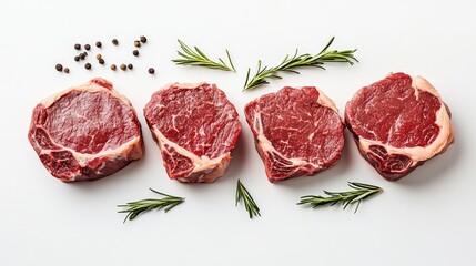 Poster - Raw beef steaks on a white background showcasing a food preparation theme