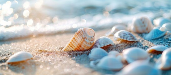 Poster - Marine Background Broken And Whole Shells In The Sand On The Beach Selective Focus Close Up Side View Copy Space