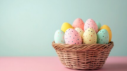 Poster - Vibrant Easter eggs in a woven basket set against a colorful backdrop Soft pastel shades of Easter eggs enhance the holiday theme with ample copy space