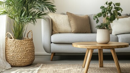 Poster - Wooden coffee table accompanied by a houseplant and wicker basket beside a grey sofa in a cozy living room setting