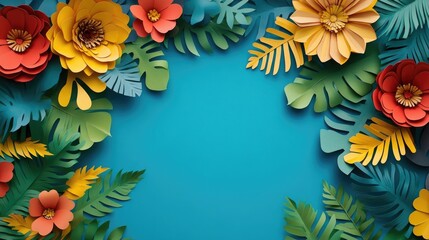Poster - Top view of vibrant paper cut flowers and green leaves against a blue backdrop featuring ample empty space for text