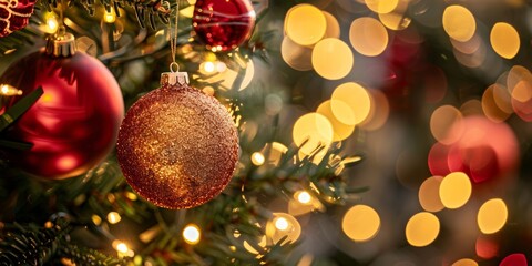 Wall Mural - A tree with a red and gold ornament hanging from it. The tree is lit up with lights and the ornament is the center of attention