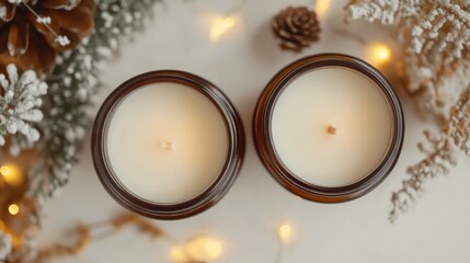 Poster - Two unlit white hand poured soy wax scented candles in brown glass jars isolated for use in cozy or holiday themed designs as well as self care concepts viewed from above