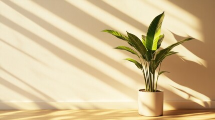 Poster - Lush houseplant in a pot placed on a wooden floor next to a wall illuminated by sunlight casting shadows on a beige backdrop Vertical composition ideal for mockup presentations
