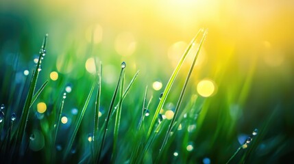 Poster - morning dew on green grass at sunrise with a softly blurred background