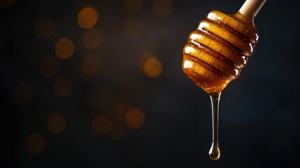 Aufkleber - Honey dripping from a wooden dipper against a dark background A sweet natural product ideal for your design projects featuring ample copyspace