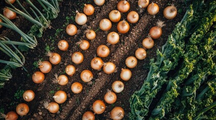 Poster - Aerial view of onion crops in a vegetable garden Fresh onions flourishing in a cultivated field