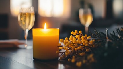 Poster - close up of a decorative aroma candle placed on a table alongside mimosa creating an inviting and se