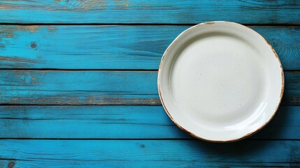 Poster - Empty plate set against a blue wooden backdrop