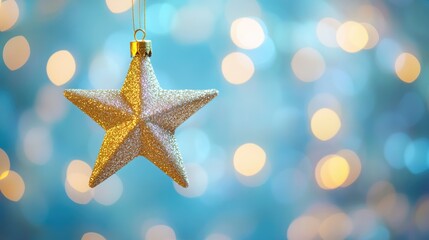 Poster - Glittering golden Christmas star suspended against a softly blurred light blue bokeh backdrop festive decoration close up view radiant celebration