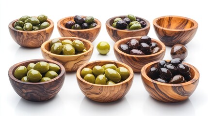 Poster - Assortment of wooden bowls containing green olives set against a white background