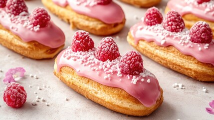 Poster - Assortment of delectable eclairs topped with pink raspberry glaze and sugar sprinkles on a light background