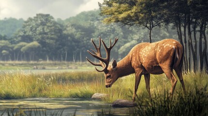 Poster - Sambar deer with antlers grazing in a lush grassland setting
