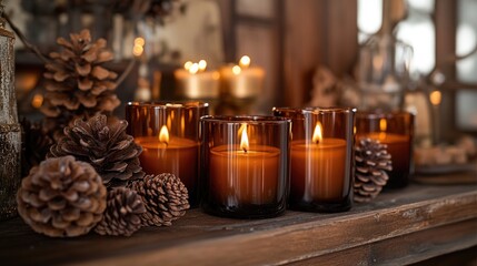 Aufkleber - Cozy candle display featuring amber glass candles and pinecones evoking a serene and inviting ambiance