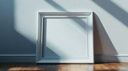 Poster - Minimalistic all white picture frame mockup displayed on a wooden floor in front of a wall