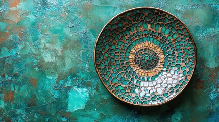 Poster - Intricate Mosaic Plate Showcased Against a Textured Turquoise Backdrop