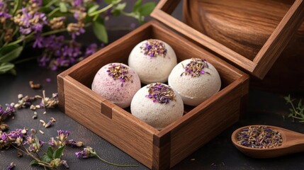 Poster - Luxury herbal bath bomb box with floral design and wooden accents showcasing beauty and relaxation elements