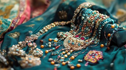 Poster - Intricate Beaded Jewelry and Textiles on a Teal Artistic Backdrop