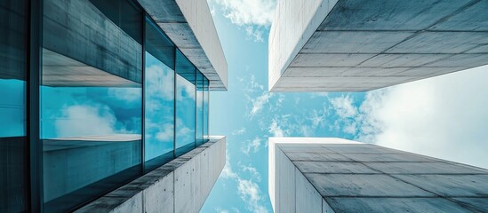 Poster - Abstract Image Of Looking Up At Modern Glass And Concrete Building Architectural Exterior Detail Of Office Building Industrial Art And Detail