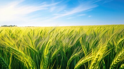Poster - Vibrant green wheat fields swaying gently in the breeze under a clear blue sky