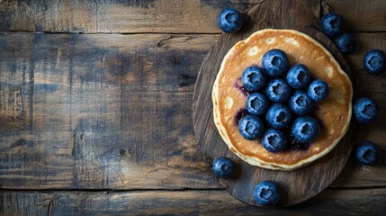 Poster - Tasty pancakes topped with fresh blueberries on a rustic wooden surface Ideal for a healthy breakfast theme