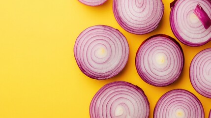 Poster - Sliced red onions against a bright yellow backdrop showcasing a colorful food theme