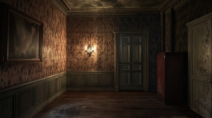Poster - Dimly lit interior featuring ornate baroque wallpaper