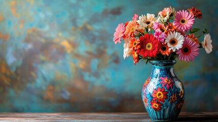 Poster - Vibrantly Designed Floral Vase on a Wooden Table