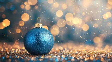 Poster - Blue Christmas ornament on an abstract blurred background featuring golden bokeh lights and snowflakes Concept of festive decor and holiday ambiance Banner with space for text