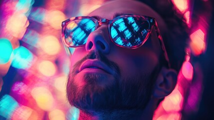 Poster - Man wearing sunglasses surrounded by vibrant light effects and glowing patterns