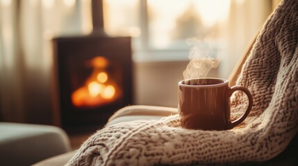 Poster - A steaming mug of tea rests on a chair beside a warm blanket in a snug living room featuring a fireplace perfect for a winter day