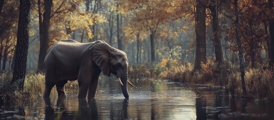 Poster - Wild Elephant At The Nature Pond In The Forest Wade And Drinking Water