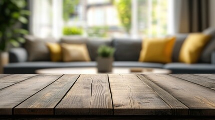 Poster - Empty wooden tabletop with a blurred living room backdrop ideal for showcasing products