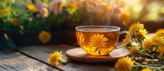 Poster - A Cup Of Dandelion Herbal Tea On A Wooden Table In The Garden