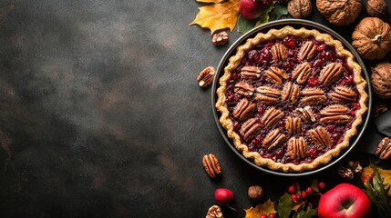 Poster - Cranberry pecan pie presented on a dark surface flat lay perspective with ample copyspace autumn inspired dish suitable for festive culinary themes