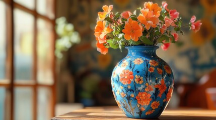 Poster - Vibrantly Designed Floral Vase on a Wooden Table