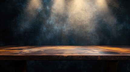 Poster - Empty wooden tabletop against a dark textured wall softly lit by spotlights ideal for showcasing your product