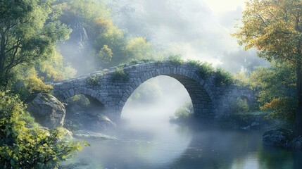 Aufkleber - Serene Scene of a Historic Stone Bridge Over a Foggy River Surrounded by Lush Foliage and Gentle Morning Light Creating an Atmosphere of Peace and Relaxation