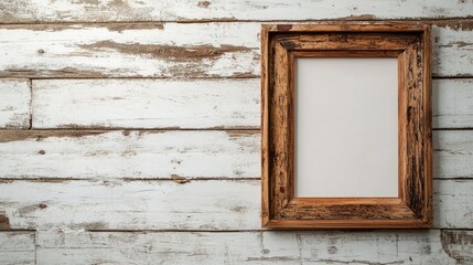 Poster - Vertical image featuring an empty wooden frame set against a weathered white wood backdrop providing ample space for text or imagery in the center