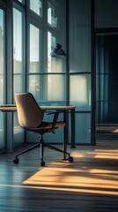 Poster - A chair is sitting in front of a desk with a book on it. The room is well lit and has a modern design