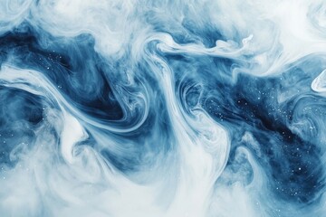 Poster - Vertical clip showcasing ethereal smoke ambiance. Mysterious fog forms twirling patterns of azure and ivory paint with shimmering particles dancing elegantly in an abstract liquid artwork