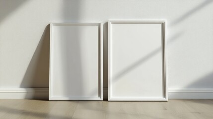 Poster - Minimalistic all white picture frame mockup displayed on a wooden floor in front of a wall