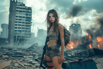beautiful girl with rifle on post apocalyptic city background