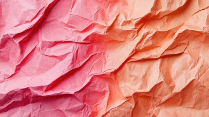 Poster - Trendy textured background in coral hue featuring crumpled orange pink craft paper Flat lay composition