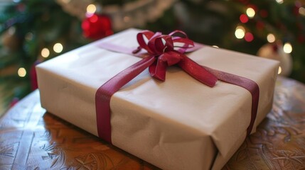 A large brown box with a red ribbon on top. The box is wrapped in shiny paper and has a bow on top. The box is sitting on a wooden table